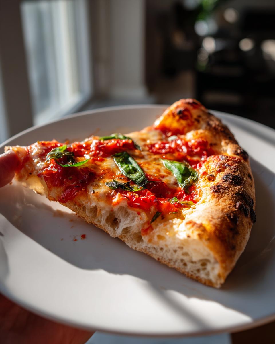 A close-up slice of homemade Margherita pizza held on a white plate, showing bubbly crust and fresh basil.