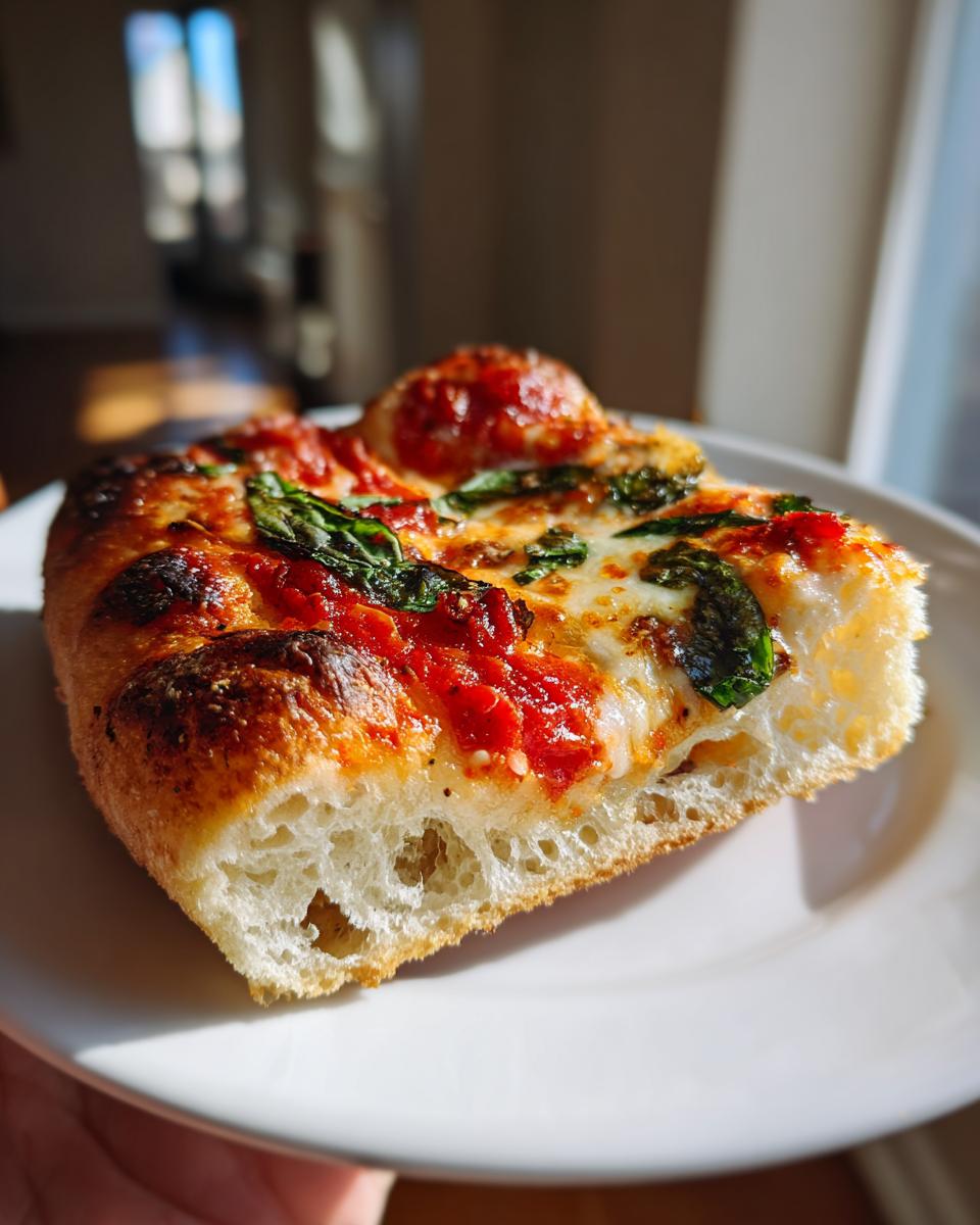 A thick slice of homemade Margherita pizza showing a bubbly crust, melted mozzarella, bright tomato sauce, and fresh basil leaves.