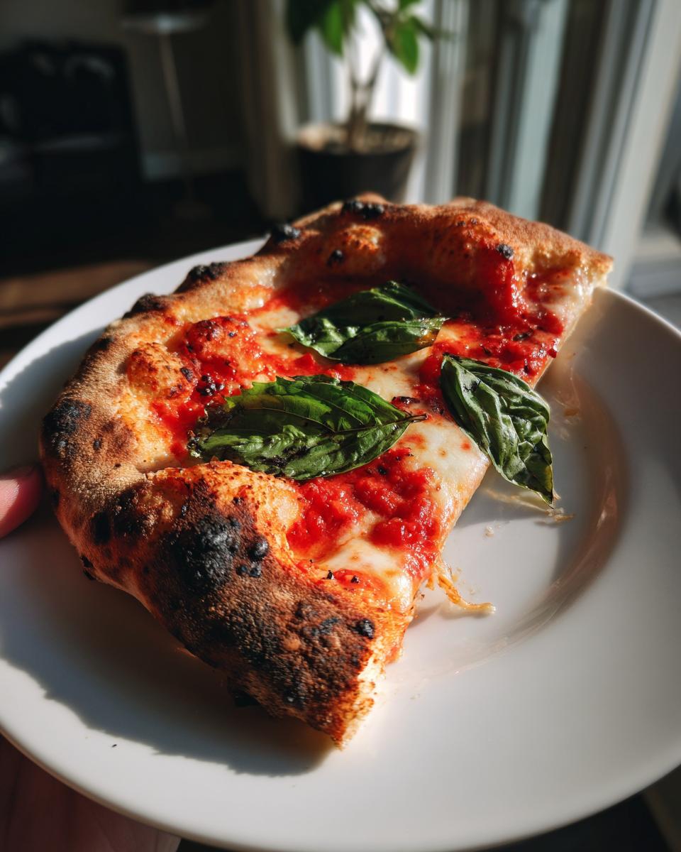 A close-up of a single slice of authentic Margherita pizza featuring bright red sauce, melted mozzarella, and fresh basil leaves.
