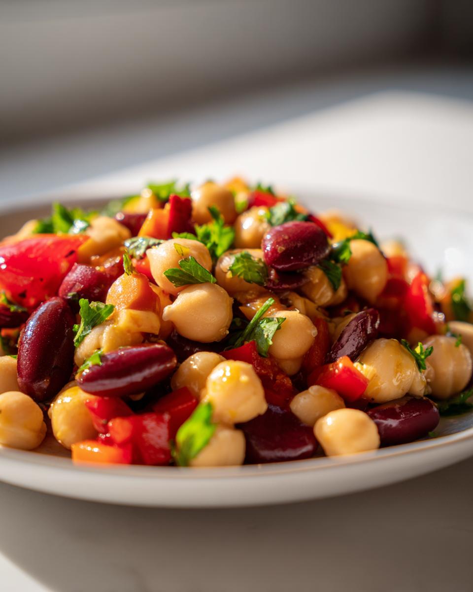 Close-up of a vibrant Mediterranean bean salad featuring chickpeas, dark red kidney beans, chopped red peppers, and fresh parsley.