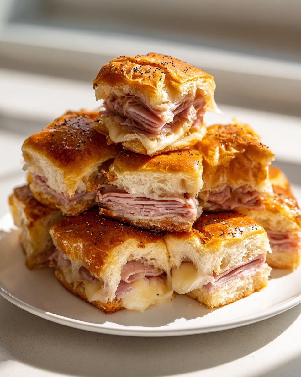 A stack of freshly baked ham and cheese sliders with melted cheese oozing out, topped with poppy seeds.