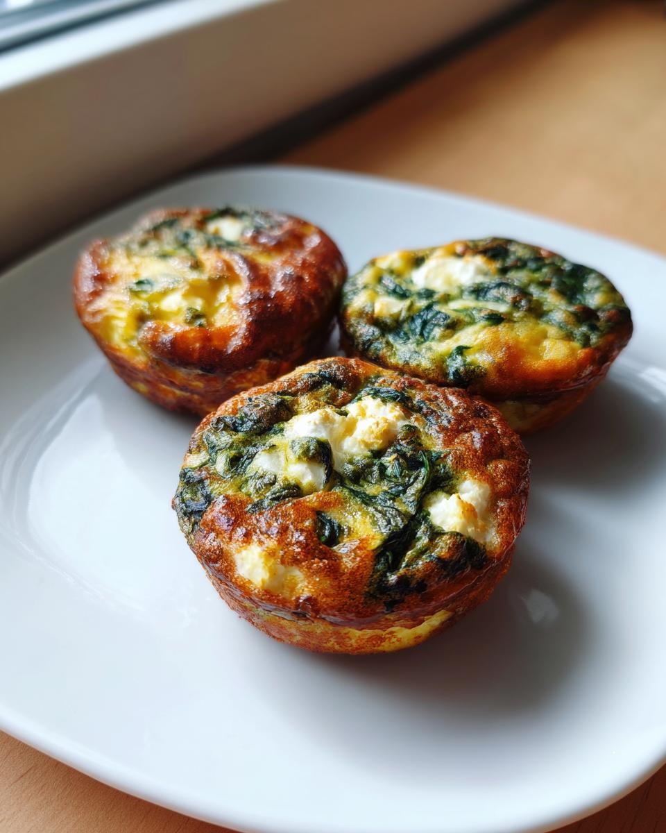 Three perfectly baked mini spinach quiche bites with visible feta cheese, resting on a white plate.