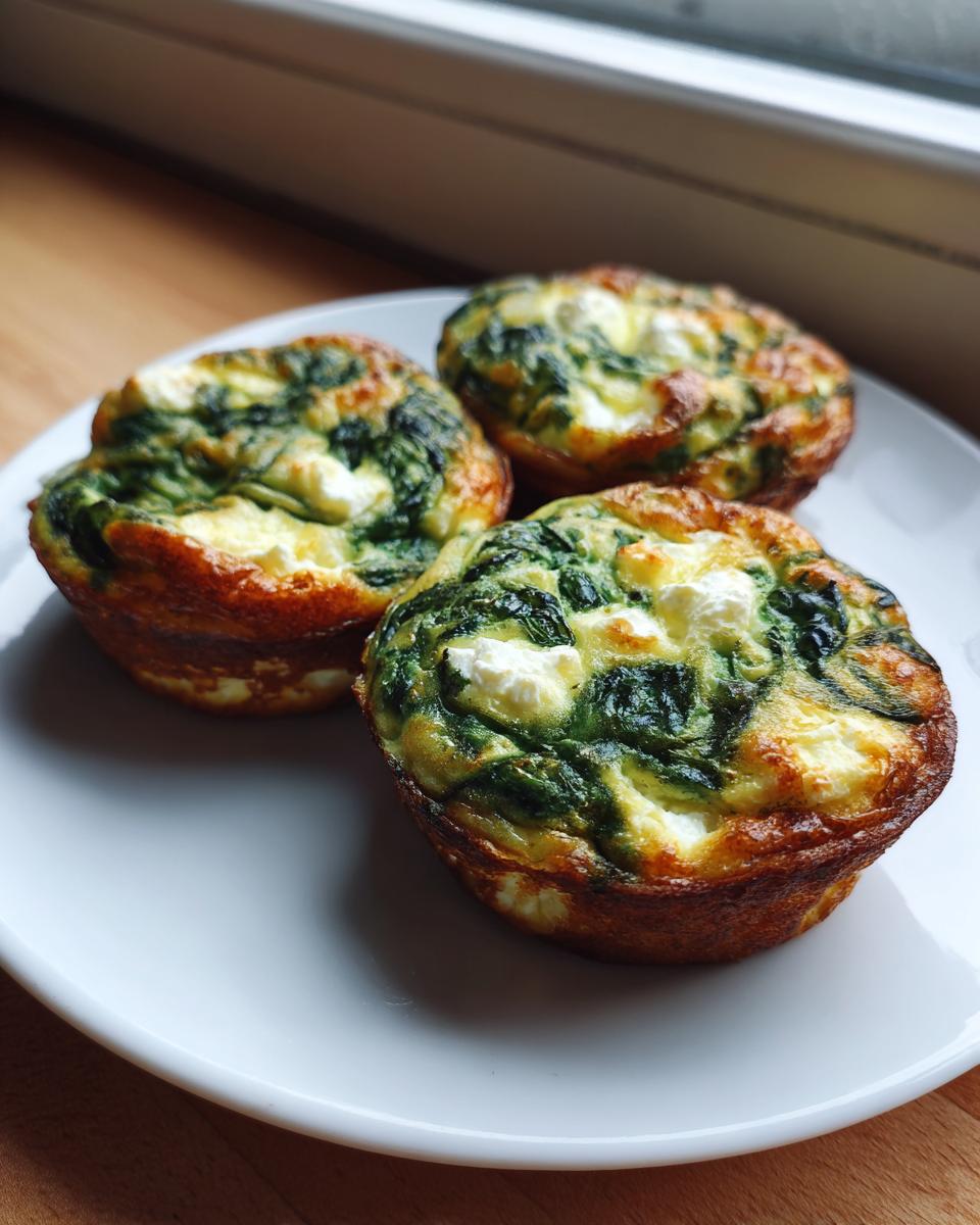Three freshly baked mini spinach quiche portions with visible feta cheese, served on a white plate.