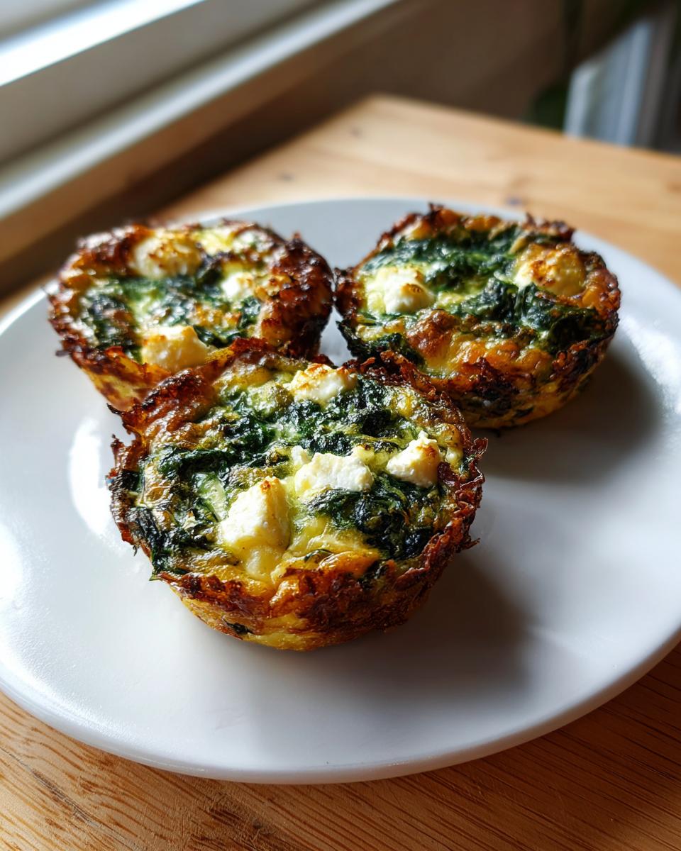 Three perfectly baked mini spinach quiche bites topped with feta cheese, resting on a white plate.