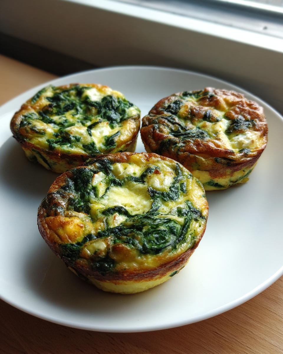 Three perfectly baked mini spinach quiche muffins with visible feta cheese, resting on a white plate near a window.