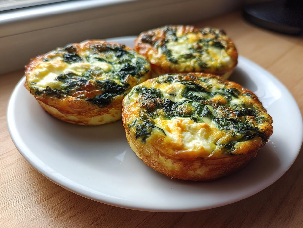 Three freshly baked mini spinach quiche served on a white plate, showing golden edges and green spinach filling.