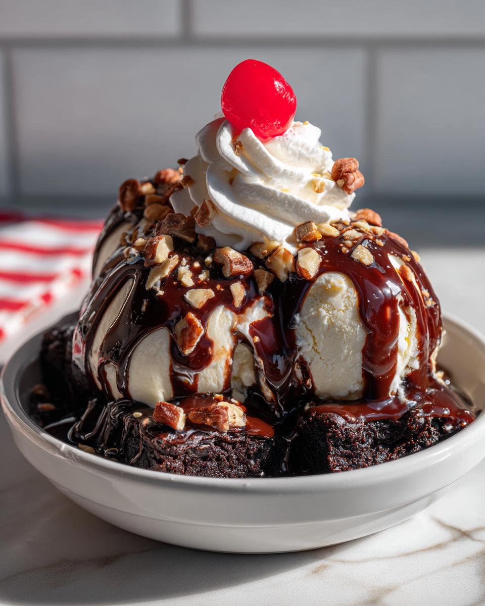 A decadent Nutty Fudge Brownie Sundae featuring vanilla ice cream, chocolate syrup, nuts, whipped cream, and a maraschino cherry.