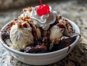 A decadent Nutty Fudge Brownie Sundae featuring scoops of vanilla ice cream, chocolate syrup, chopped nuts, whipped cream, and a maraschino cherry.