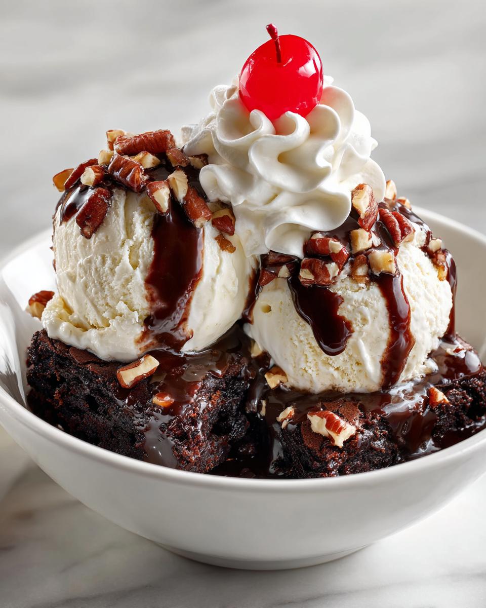 Close-up of a Nutty Fudge Brownie Sundae featuring vanilla ice cream, chocolate sauce, pecans, whipped cream, and a maraschino cherry.