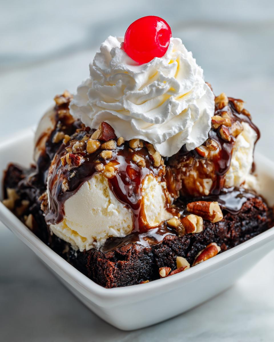 A rich Nutty Fudge Brownie Sundae featuring vanilla ice cream, chocolate syrup, pecans, whipped cream, and a maraschino cherry.
