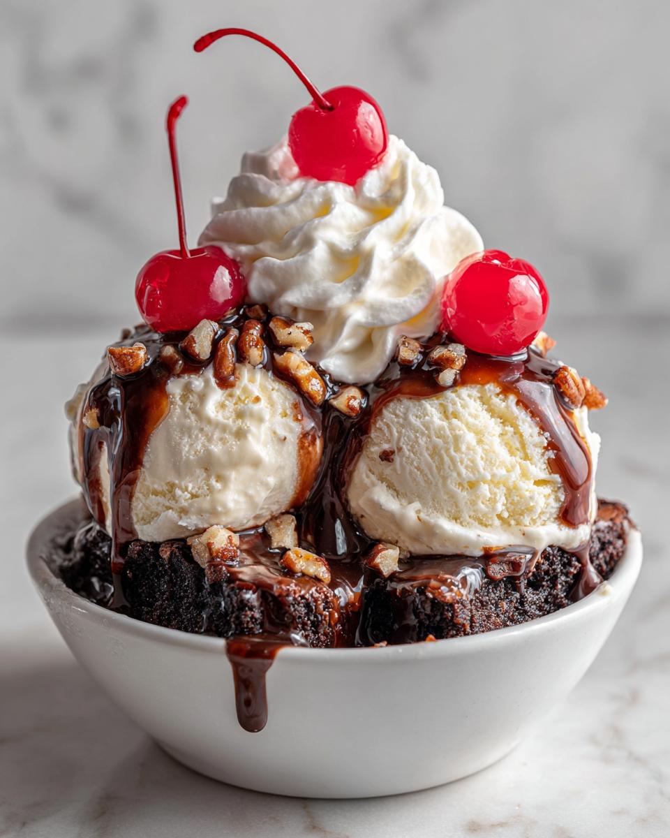 Close-up of a Nutty Fudge Brownie Sundae featuring vanilla ice cream, chocolate sauce, nuts, and whipped cream topped with maraschino cherries.