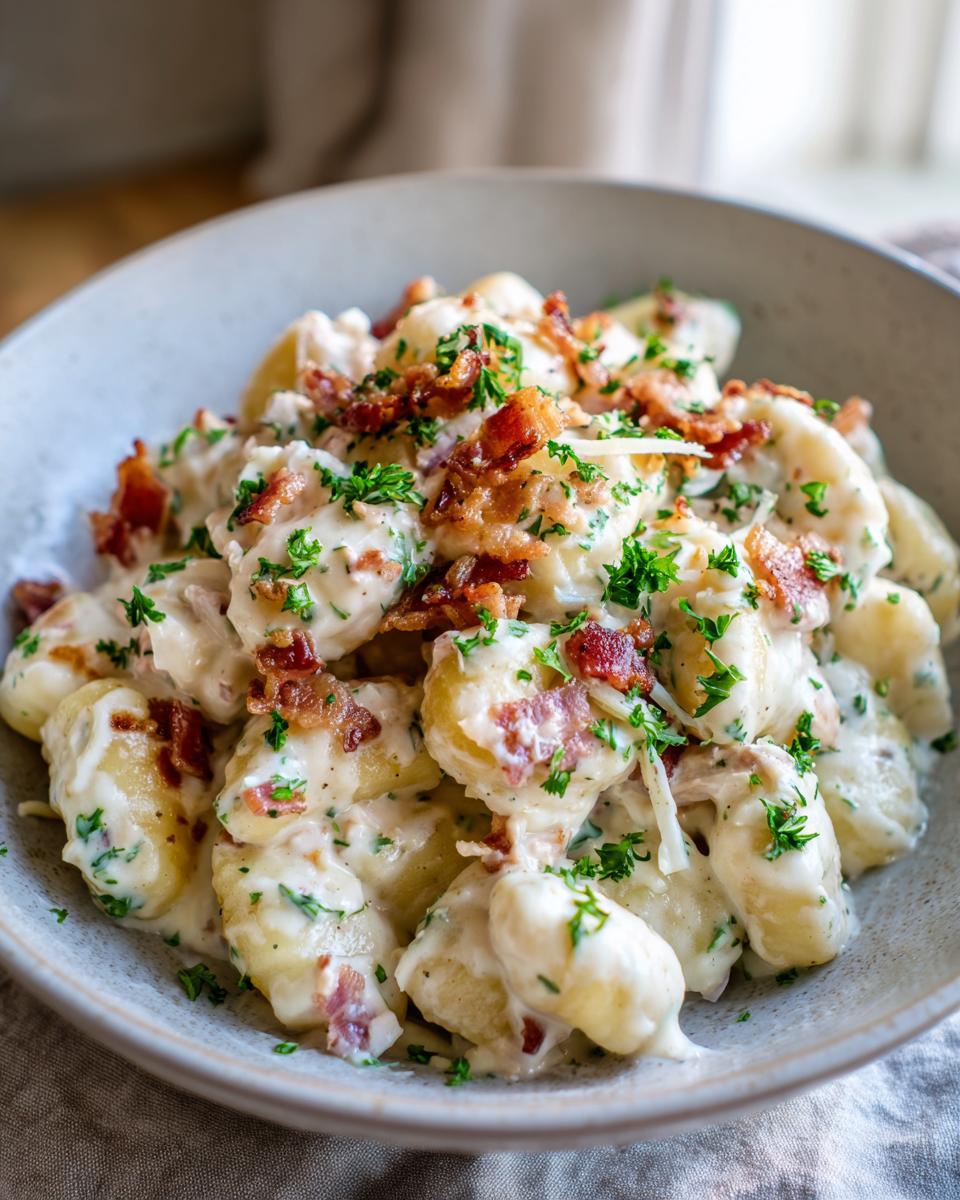 Close-up of a bowl filled with one pan creamy gnocchi topped with crispy bacon bits and fresh parsley.