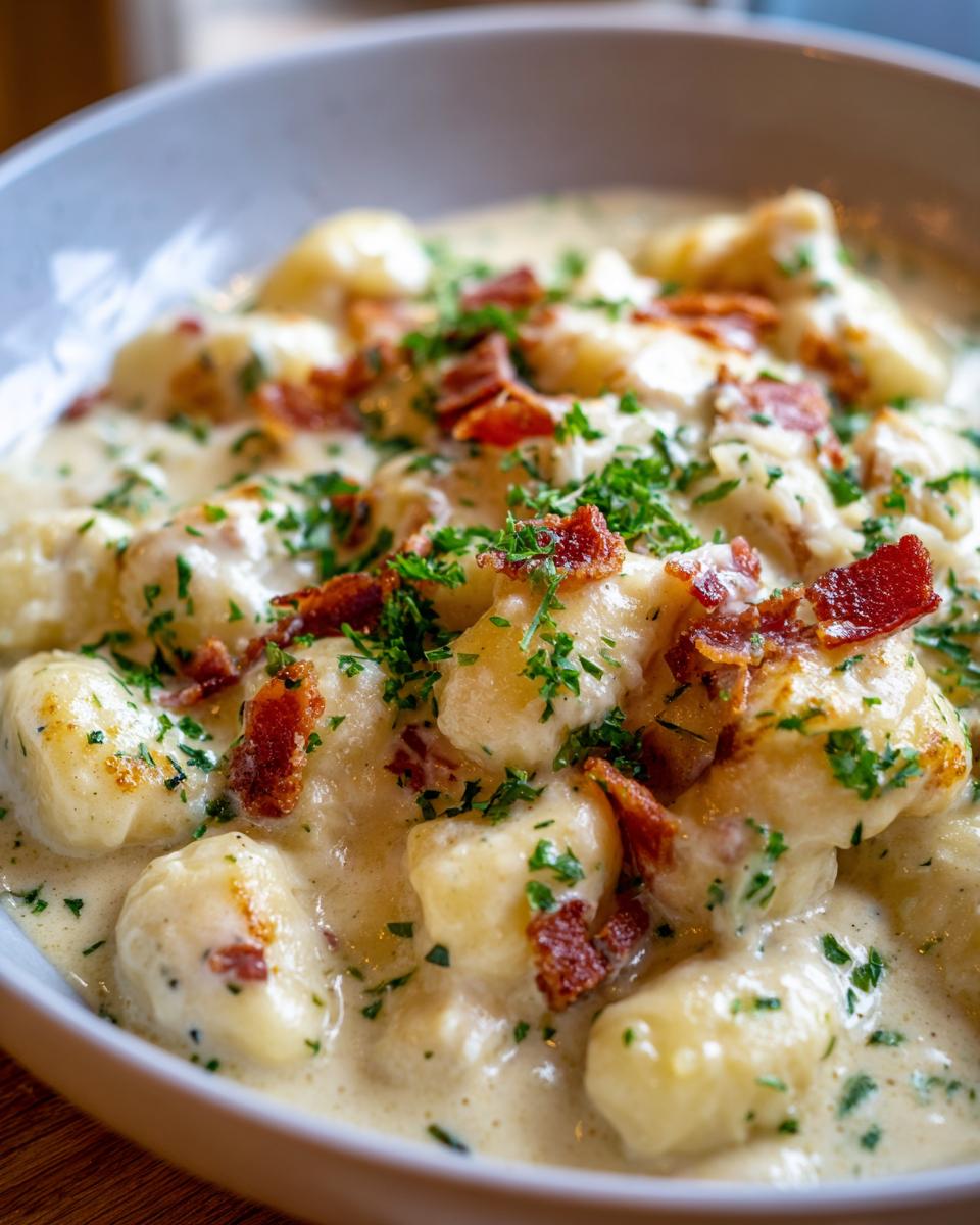 A close-up of one pan creamy gnocchi smothered in a rich sauce, topped with crispy bacon bits and fresh parsley.