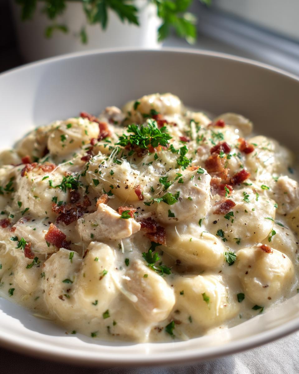 Close-up of a bowl filled with one pan creamy gnocchi mixed with chicken pieces, topped with bacon bits, Parmesan, and fresh parsley.
