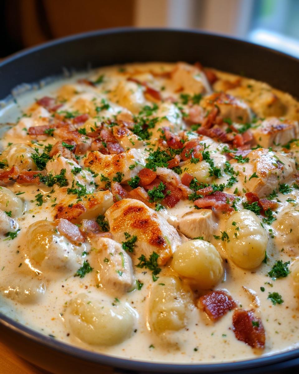 Close-up of one pan creamy gnocchi dish featuring tender chicken pieces, crispy bacon bits, and fresh parsley garnish.