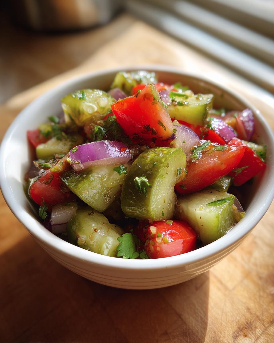 Close-up of chunky Pickle de gallo featuring diced pickles, red tomatoes, and purple onion in a white bowl.