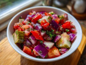 Close-up of a white bowl filled with fresh Pickle de Gallo, featuring diced tomatoes, red onion, and pickle chunks.
