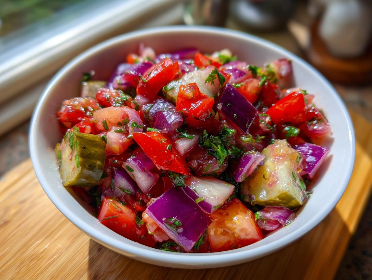 Close-up of a white bowl filled with fresh Pickle de Gallo, featuring diced tomatoes, red onion, and pickle chunks.