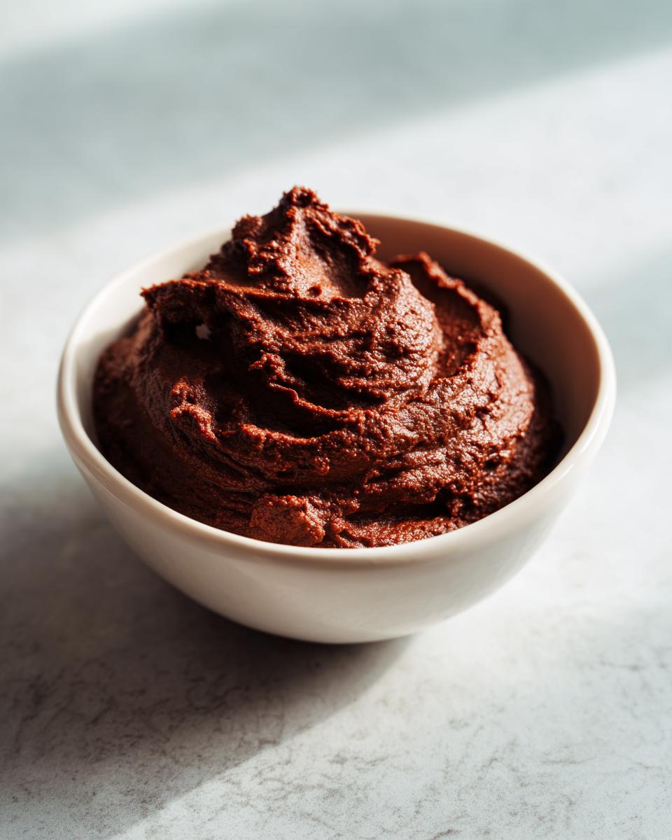 A close-up of thick, rich chocolate dessert hummus swirled high in a small white bowl.