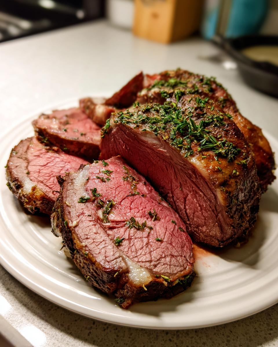 Close-up of a perfectly cooked Roast leg of lamb, sliced to show medium-rare pink interior and herb crust.