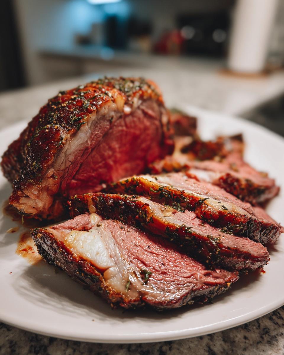 Close-up of a perfectly cooked roast leg of lamb, sliced to show medium-rare interior and herb crust.