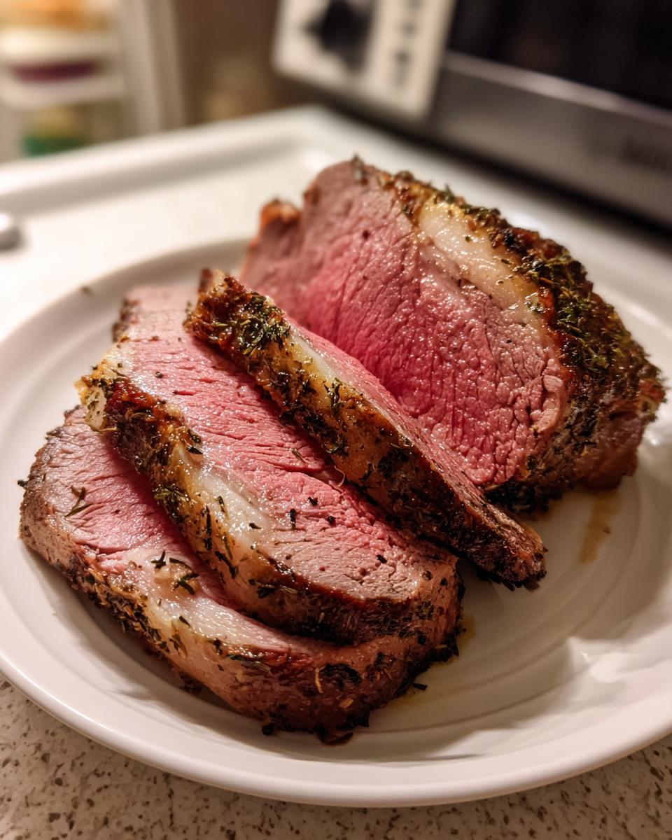 Three thick slices of medium-rare roast leg of lamb with a dark herb crust served on a white plate.