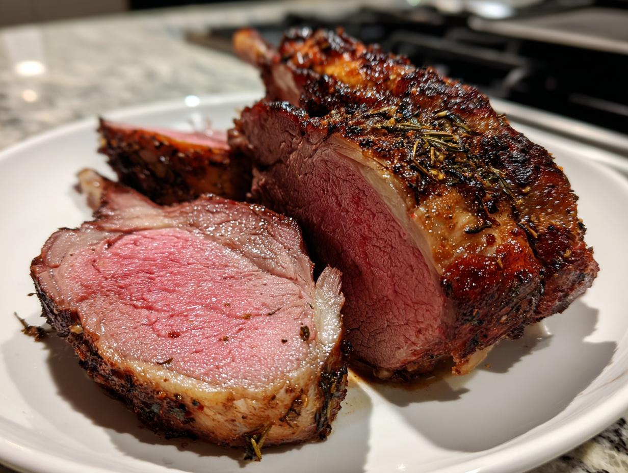 Close-up of perfectly cooked Roast leg of lamb, showing a deep pink, medium-rare center and a dark, herb-crusted exterior.