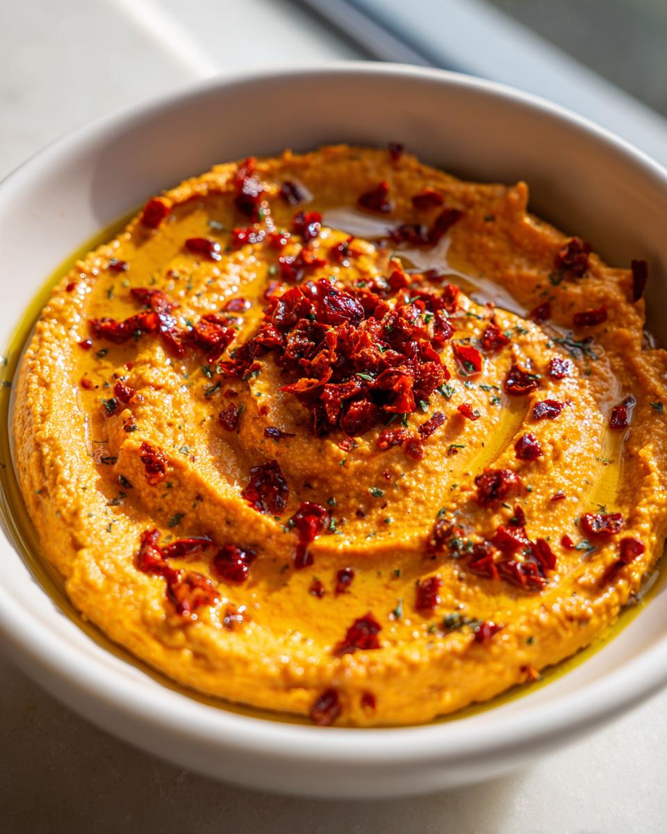 Close-up of creamy, orange Roasted red pepper hummus topped with chopped sun-dried tomatoes and olive oil.