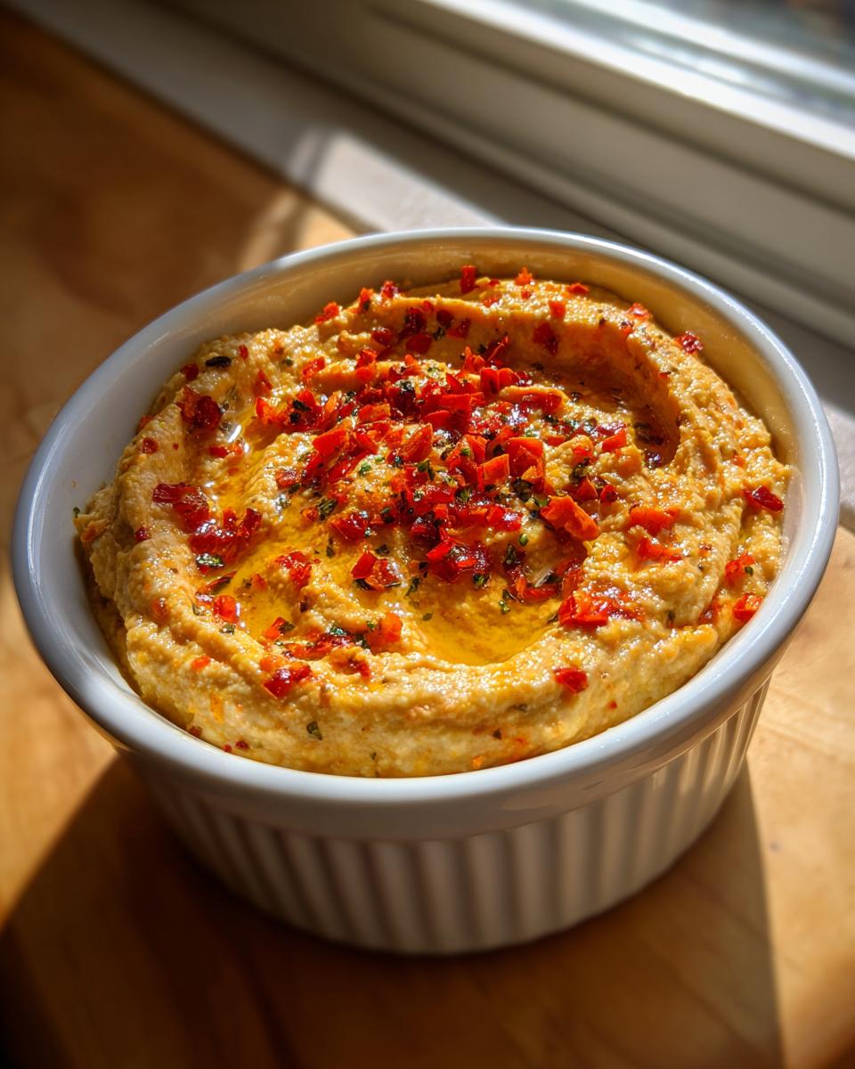 Close-up of creamy roasted red pepper hummus topped with olive oil and chopped red peppers.