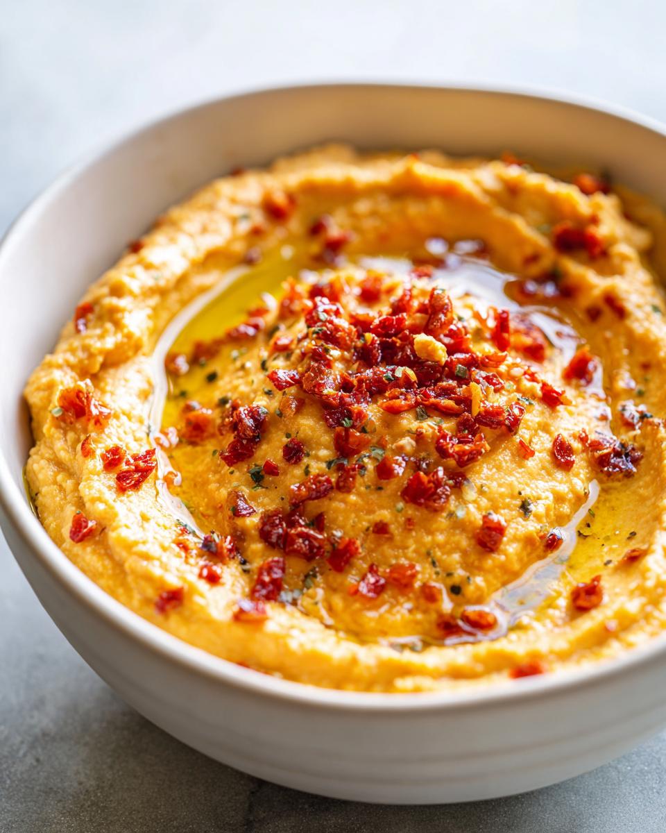 Close-up of creamy roasted red pepper hummus topped with olive oil and chopped sun-dried tomatoes.