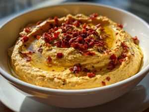 Close-up of creamy roasted red pepper hummus drizzled with olive oil and topped with chopped red peppers.
