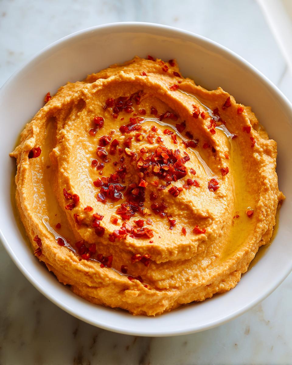 A close-up overhead shot of vibrant orange roasted red pepper hummus swirled in a white bowl, drizzled with olive oil and topped with red chili flakes.