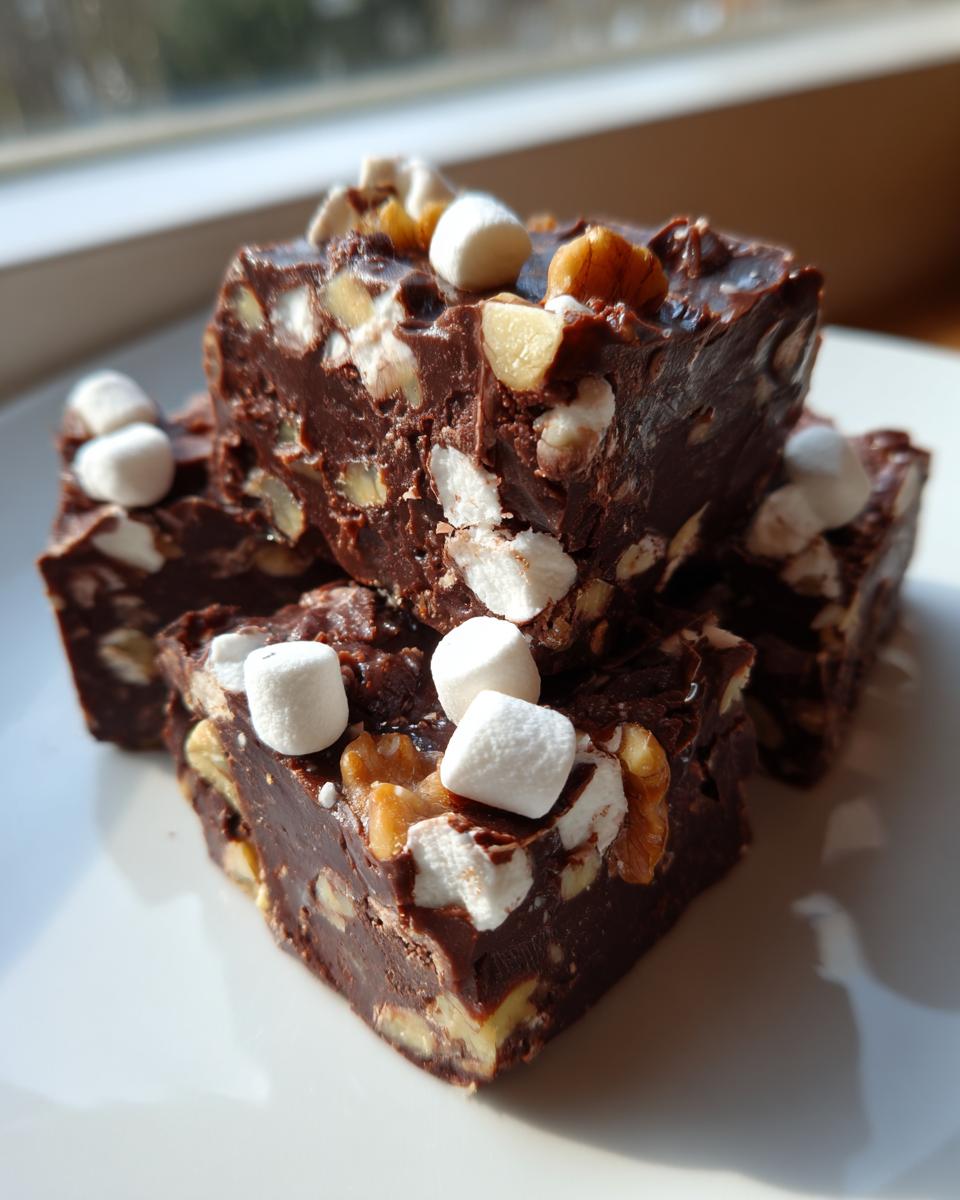 A stack of decadent Rocky Road Fudge squares loaded with marshmallows and walnuts, sitting on a white plate.