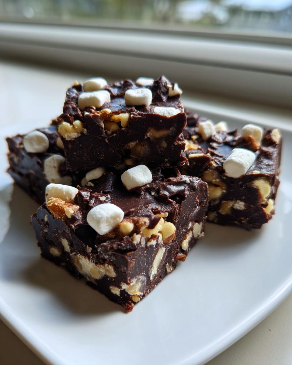 A stack of decadent Rocky Road Fudge squares studded with walnuts and topped with mini marshmallows, served on a white plate.