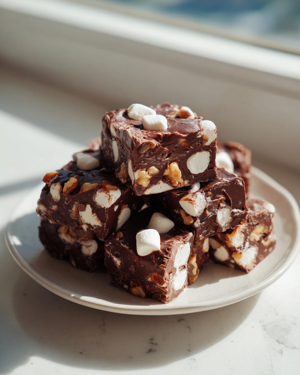 A stack of rich, dark chocolate Rocky Road Fudge squares loaded with mini marshmallows and walnuts, sitting on a small white plate.