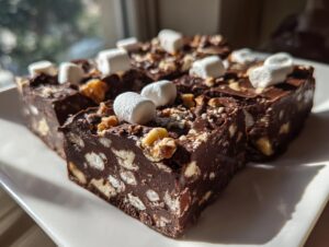 Close-up of rich, dark chocolate Rocky Road fudge squares loaded with marshmallows and walnuts, sitting on a white plate.