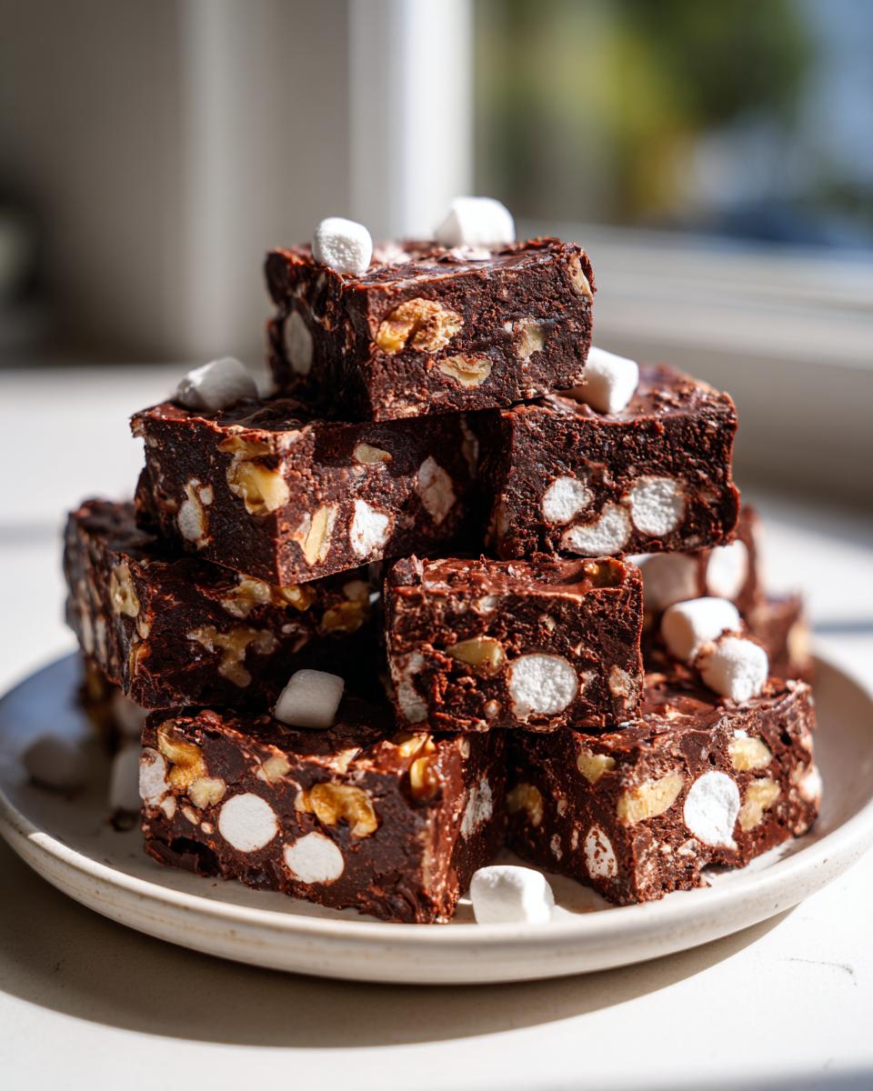 A tall stack of dark chocolate Rocky Road Fudge squares loaded with marshmallows and nuts on a small plate.