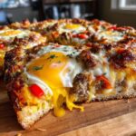 Close-up of a slice of breakfast pizza showing a runny egg yolk dripping over sausage, cheese, and red peppers.