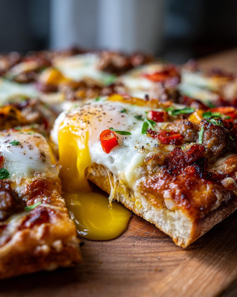 Close-up of a slice of breakfast pizza with a runny fried egg yolk spilling out onto the wooden board.