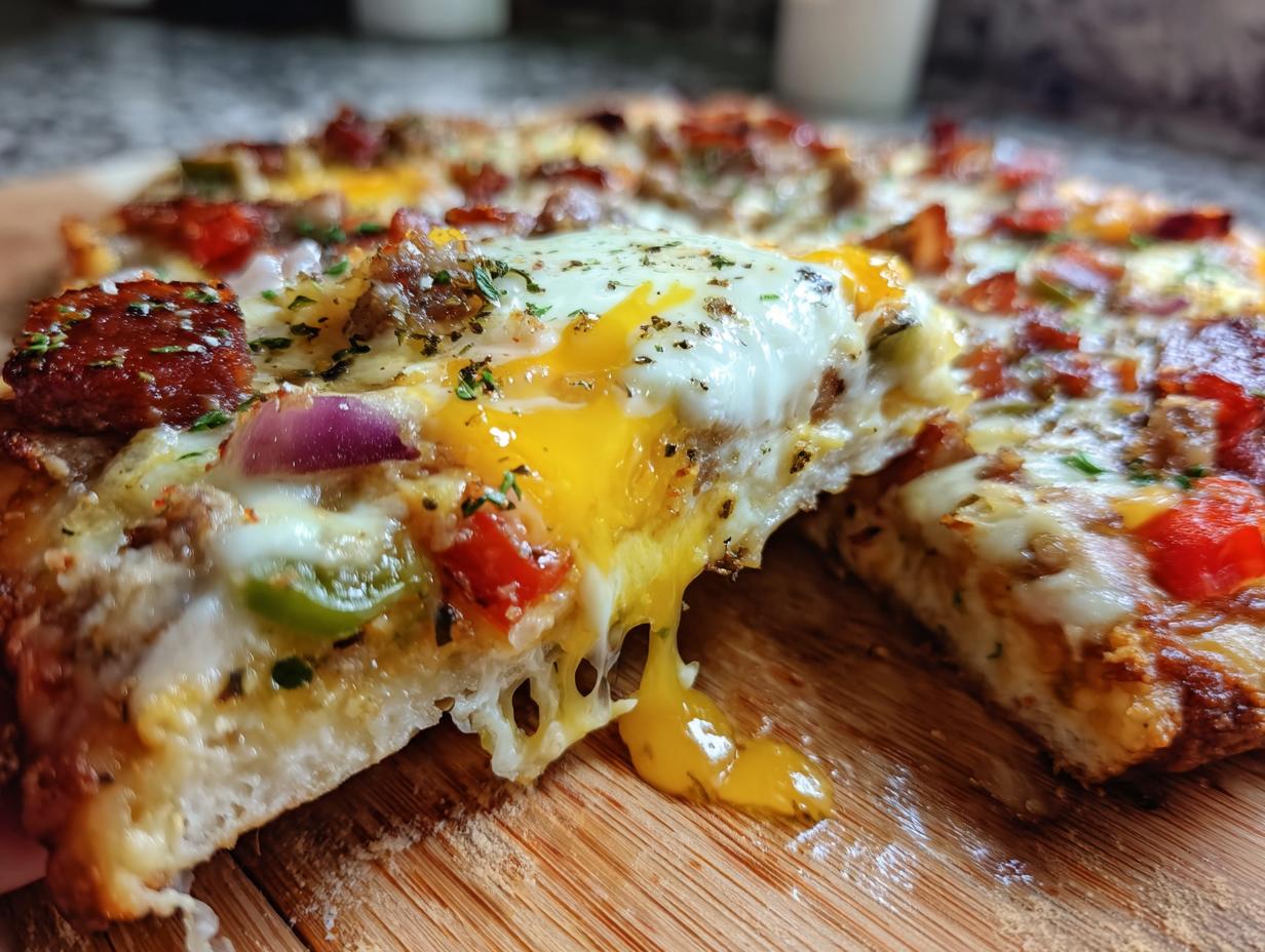 Close-up of a slice of breakfast pizza with a runny egg yolk dripping onto the wooden board.