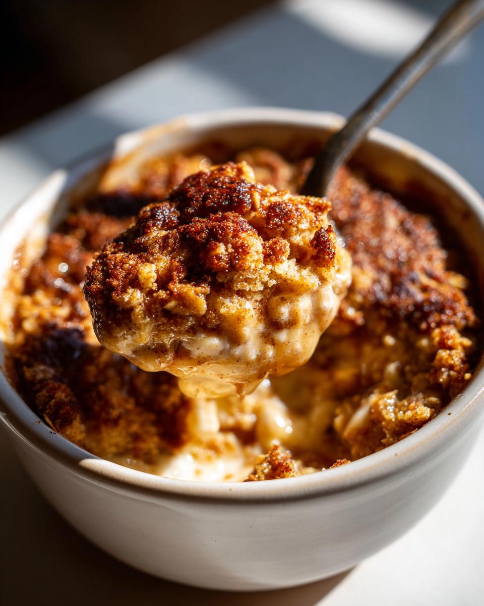 Close-up of a spoonful of warm Apple cinnamon crumble being lifted from a white ramekin, showing gooey filling and crispy topping.