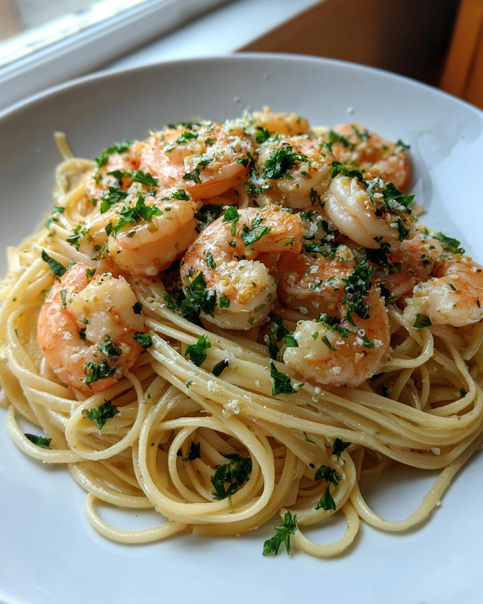 A close-up of delicious Shrimp scampi served over linguine pasta, topped with fresh parsley and grated cheese.