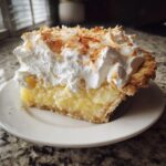 A generous slice of creamy Coconut cream pie topped with whipped cream and toasted coconut flakes.