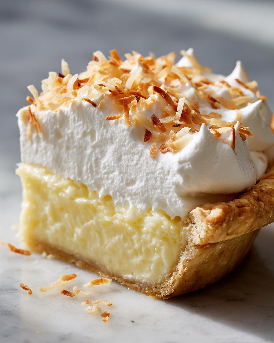 A close-up slice of rich Coconut cream pie showing the creamy filling, whipped topping, and toasted coconut flakes.