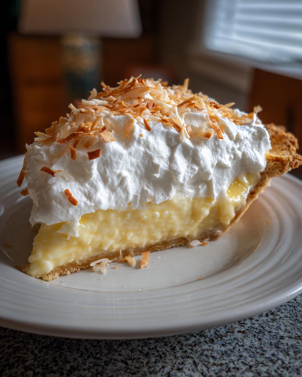 A generous slice of creamy Coconut cream pie topped with whipped cream and toasted coconut flakes on a white plate.