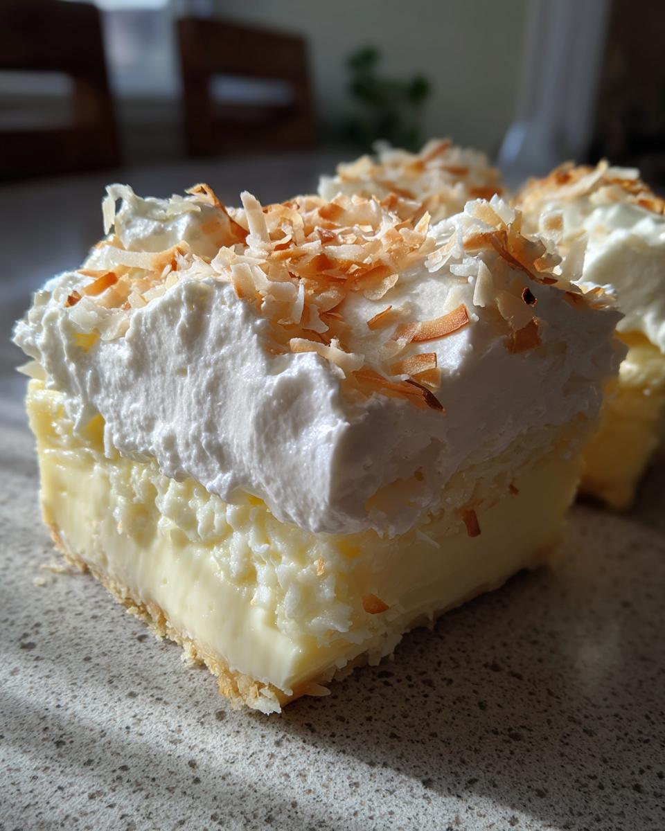 Close-up of a rich slice of Coconut cream pie featuring a thick custard layer, whipped cream, and toasted coconut flakes.
