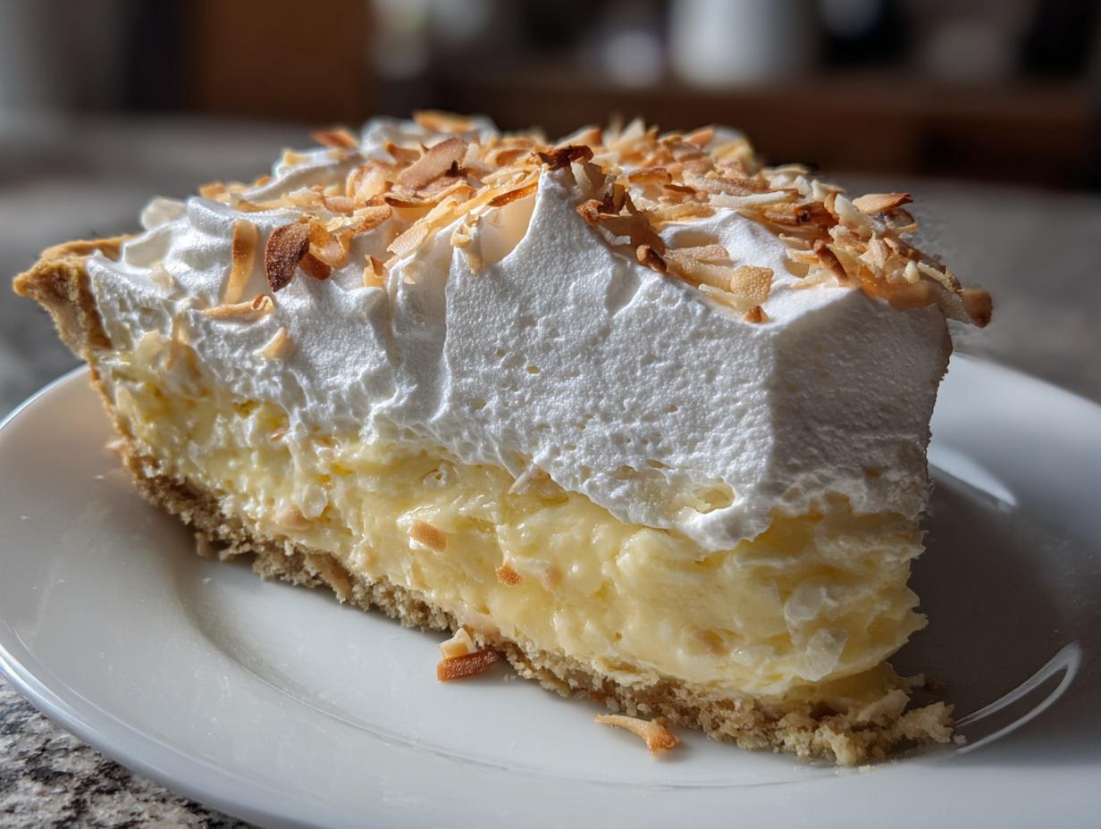 A thick slice of homemade coconut cream pie featuring a creamy filling, whipped topping, and toasted coconut flakes.