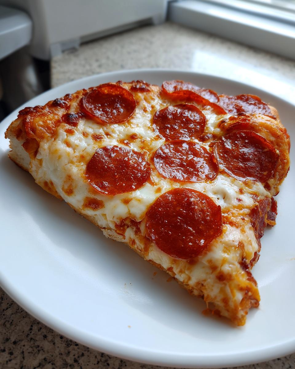 A close-up of a thick slice of homemade pepperoni pizza resting on a white plate, showing bubbly cheese and crispy pepperoni.