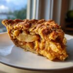 Close-up of a delicious slice of Traditional Dutch apple pie showing thick, spiced apple filling and a golden crumb topping.