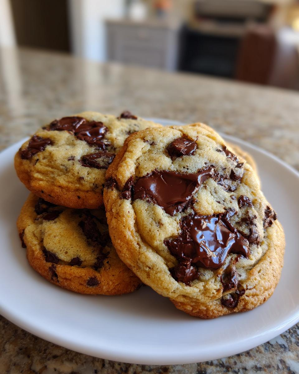 Close-up of three Soft chewy chocolate chip cookies stacked on a white plate with gooey, melted chocolate centers.